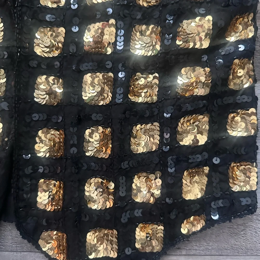 Vintage 1970s RARE 100% Silk Black and Gold Beaded and Sequined Size M Vest - Picture 2 of 10